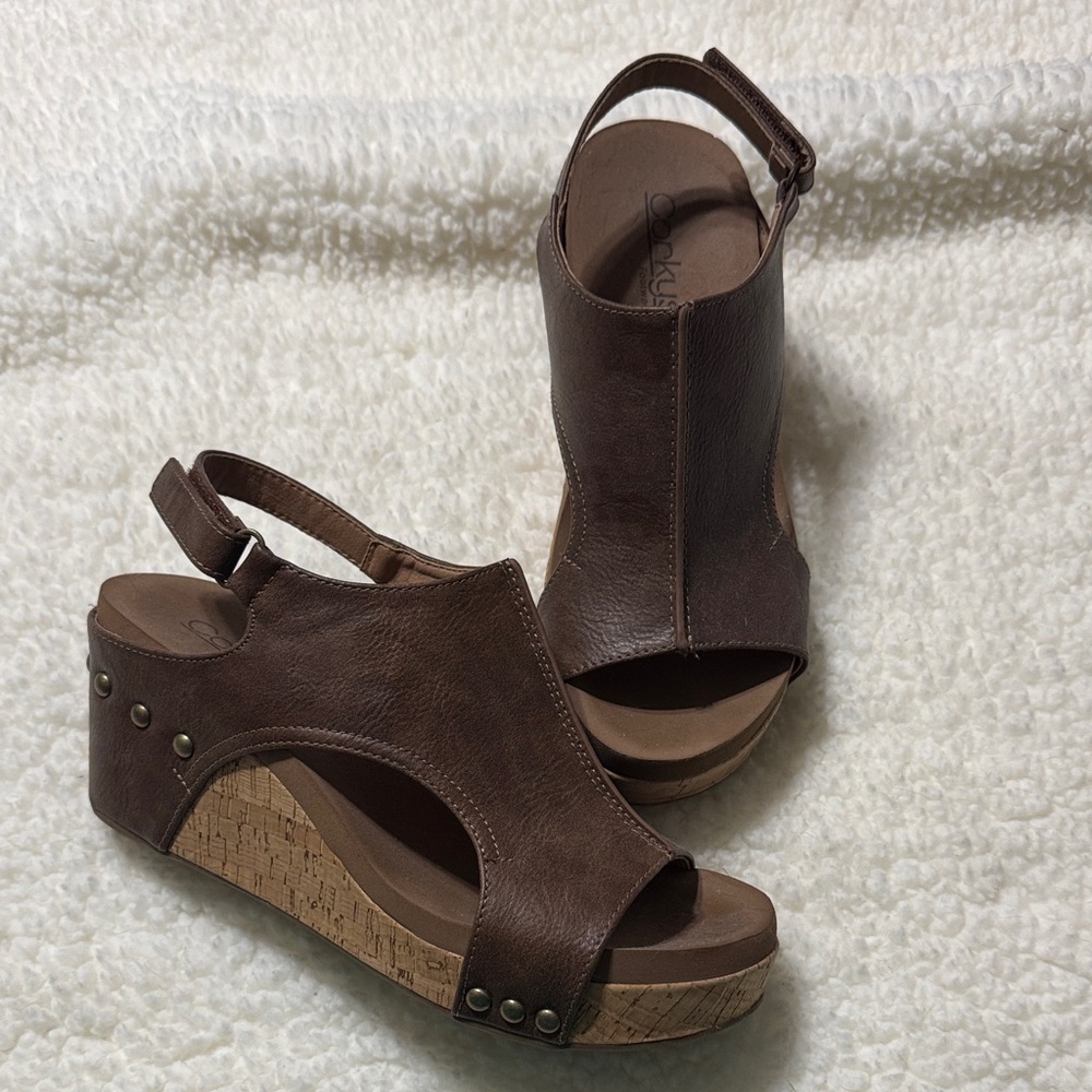 Corkys Chocolate Brown Wedge Sandals